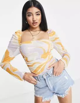 Оранжевое сетчатое боди с длинными рукавами и рюшами ASOS DESIGN - MULTI