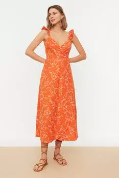 Оранжевое тканое платье с двубортным воротником на бретельках TWOSS21EL1297 Trendyol, оранжевый