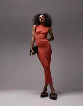 Оранжевое трикотажное платье с широкими плечами Topshop