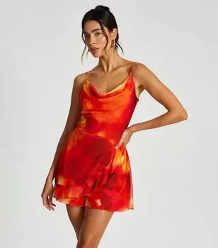 Оранжевый комбинезон с фигурным вырезом и мраморным принтом QUIZ QUIZ, апельсиновый