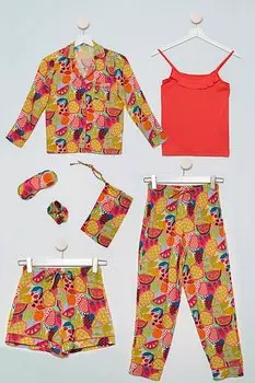 Оранжевый пижамный комплект из 7 предметов в рубчик с тропическим узором For You Kids