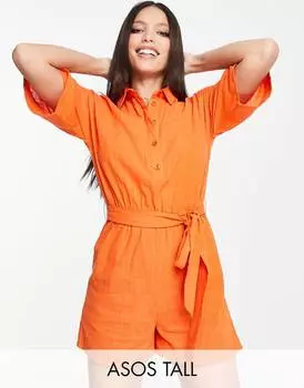 Оранжевый пляжный комбинезон-рубашка с поясом и поясом ASOS DESIGN Tall