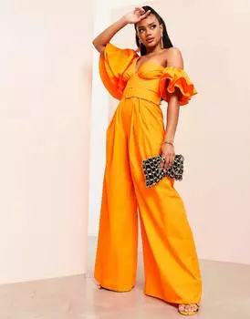 Оранжевый поплиновый комбинезон на одно плечо с поясом ASOS LUXE