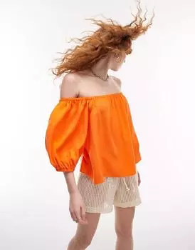 Оранжевый топ с открытыми плечами из смесового льна Topshop