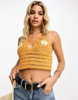 Оранжевый топ с воротником-бретелькой и ромашками, связанный крючком ASOS DESIGN