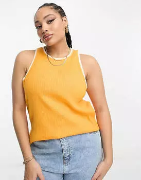 Оранжевый топ в рубчик с воротником-борцовкой Vero Moda Curve с кремовым кантом