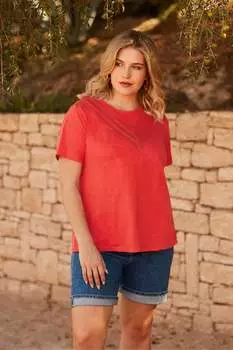 Оранжевый трикотажный топ с V-образным вырезом и английской вышивкой Live Unlimited, оранжевый