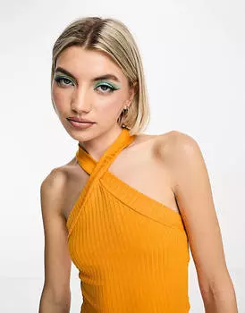 Оранжевый укороченный топ в рубчик с перекрестной бретелькой ASOS DESIGN
