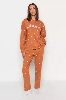 Оранжевый вязаный пижамный комплект из хлопка в горошек и брюк Trendyol