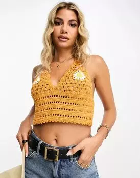 Оранжевый вязаный топ крючком с бретельками и ромашками ASOS