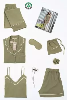 Органический белый пижамный комплект из 7 предметов цвета хаки FOR YOU MODA