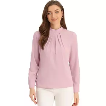 Осенне-зимняя шифоновая блузка с воротником-стойкой для женщин, деловая повседневная рабочая рубашка с длинным рукавом ALLEGRA K, розовый