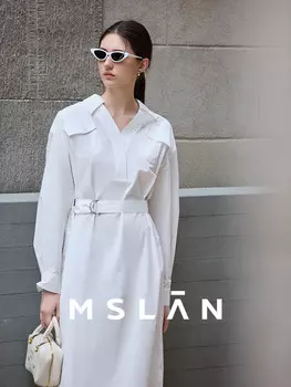 Осеннее платье-рубашка Mslan с V-образным вырезом и двойными карманами, белый