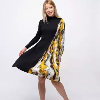 Осеннее винтажное вязаное красочное контрастное лоскутное платье трапециевидной формы с длинными рукавами The Colourful Aura, желтый