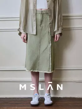 Осенняя модная джинсовая юбка Mslan с необработанными краями и разрезом для женщин, коричневая
