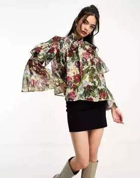 & Other Stories блузка с прозрачными рюшами, v-образным вырезом, завязками и рукавами-колокольчиками в винтажном цветочном принте