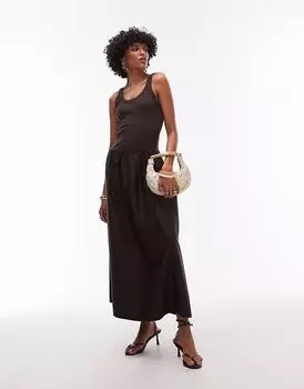 & Other Stories длинное платье из смеси трикотажа и ткани с объемным подолом темно-коричневого цвета