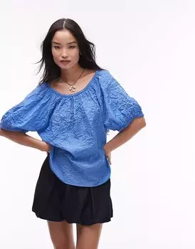 & Other Stories фактурная блузка с рукавами-фонариками и завязками на спине в форме замочной скважины синего цвета