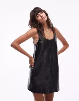 & Other Stories, лакированное мини-платье трапециевидной формы с подкладкой в ломаную клетку, черного цвета