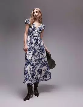 & Other Stories макси-платье с ярусным подолом и рукавами-оборками с синим фарфоровым цветочным принтом