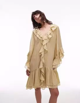 & Other Stories мини-платье из прозрачного шифона с оборками и многоуровневым подолом молочно-желтого цвета