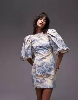 & Other Stories мини-платье с рукавами-фонариками и глубоким вырезом на спине с винтажным пейзажным принтом