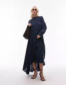 & Other Stories объемное платье макси из крепа с кружевной отделкой и многоуровневыми оборками синего цвета