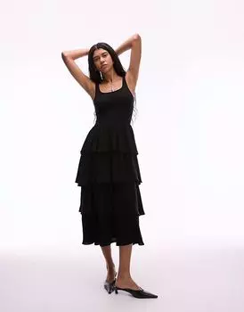 & Other Stories платье мидакси без рукавов с развевающимися оборками из черного рубчатого джерси и тканого материала