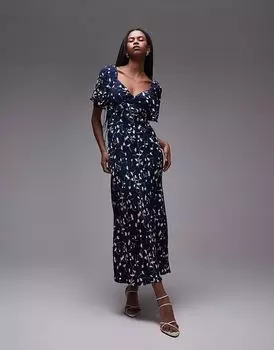 & Other Stories Платье мидакси с рукавами-фонариками, вырезом в форме сердца и синим абстрактным принтом