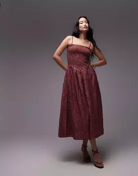 & Other Stories Платье миди с 3D-цветочным принтом, V-образной заниженной талией и съемными бретелями гранатово-розового цвета