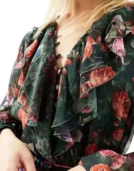 & Other Stories Платье миди с рюшами и объемными рукавами с темным цветочным принтом