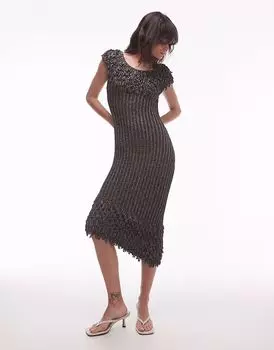 & Other Stories трикотажное платье миди с бахромой по горловине и подолу в металлическом сером цвете