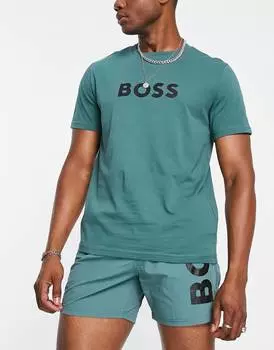 Открытая зеленая футболка с логотипом на груди BOSS Swimwear