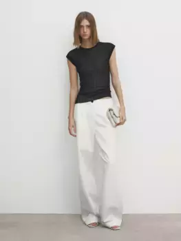 Открытый трикотажный топ с круглым вырезом в рубчик Massimo Dutti, черный