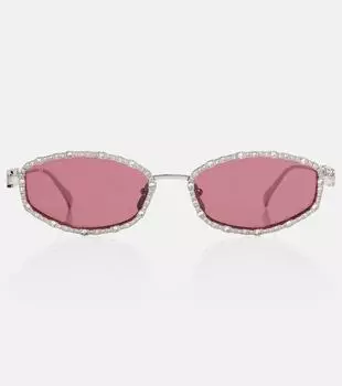 Овальные солнцезащитные очки с кристаллами Gucci, Silver-Silver-Red