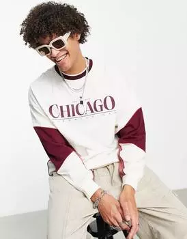 Оверсайз-футболка с длинными рукавами ASOS DESIGN цвета экрю и бордового колор-блока с принтом города Чикаго ASOS DESIGN
