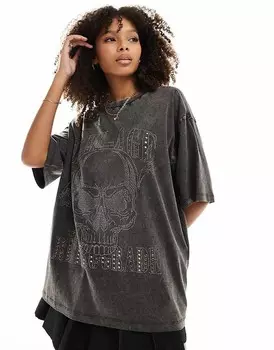 Оверсайз-футболка серого цвета ASOS DESIGN – с изображением черепа из стразов в стиле рокера