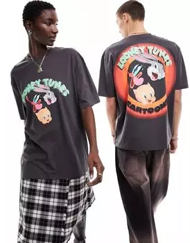 Оверсайз-футболка унисекс с темно-серым принтом Looney Tunes на спине ASOS