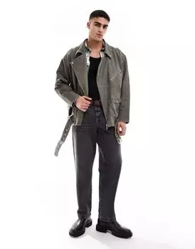 Оверсайз-косуха из потертой серой натуральной кожи ASOS DESIGN