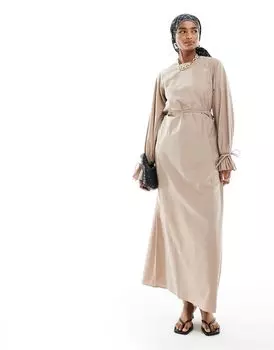 Овсяное льняное платье макси с манжетами и поясом ASOS DESIGN