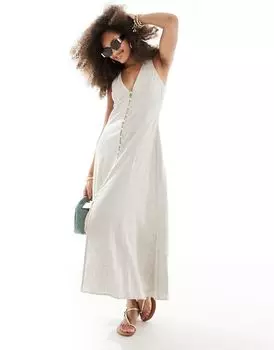 Овсяное льняное платье миди на пуговицах с пышной юбкой ASOS DESIGN