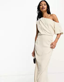 Овсяное льняное платье миди со сборками и присборенными плечами ASOS DESIGN