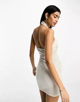 Овсяное платье мини с закрученным вырезом и юбкой со сборками ASOS DESIGN
