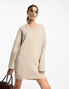 Овсяное трикотажное платье-джемпер с v-образным вырезом ASOS DESIGN
