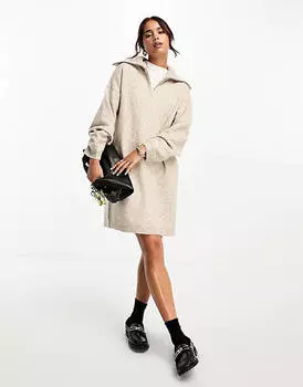 Овсяное трикотажное платье-джемпер с воротником на молнии ASOS DESIGN