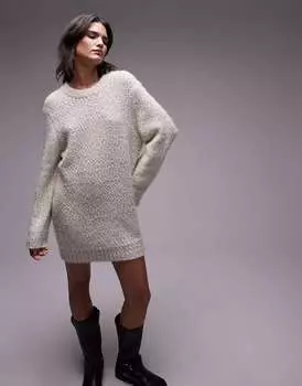 Овсяное вязаное мини-платье с круглым вырезом из букле Topshop