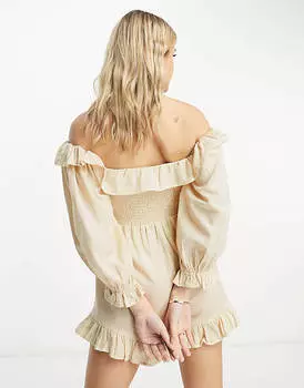 Овсяный комбинезон с льняным лифом и присборенными рукавами ASOS DESIGN