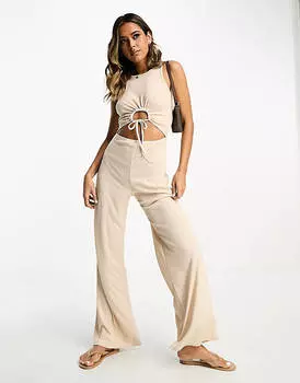 Овсяный комбинезон в рубчик со сборками и вырезом-борцовкой ASOS DESIGN