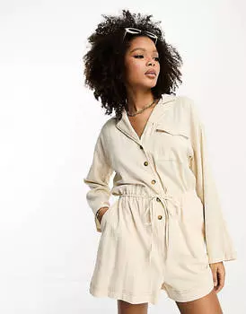Овсяный льняной комбинезон-рубашка с напуском и длинными рукавами ASOS DESIGN