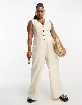 Овсяный льняной комбинезон с пуговицами ASOS DESIGN Curve